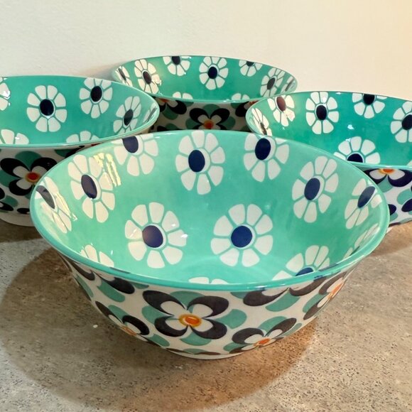 Retro Style Kitchen Bowls Set of 4 Flower Power All Purpose Blue Aqua Soup Salad - Picture 7 of 16